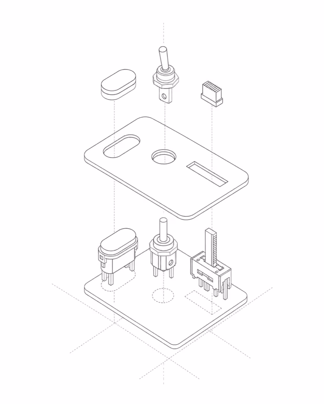 EaseUI: an exploded isometric diagram of the system, drawn in hairlines.