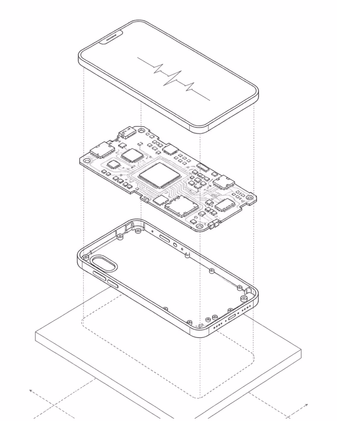 Elfie: an exploded isometric diagram of the system, drawn in hairlines.