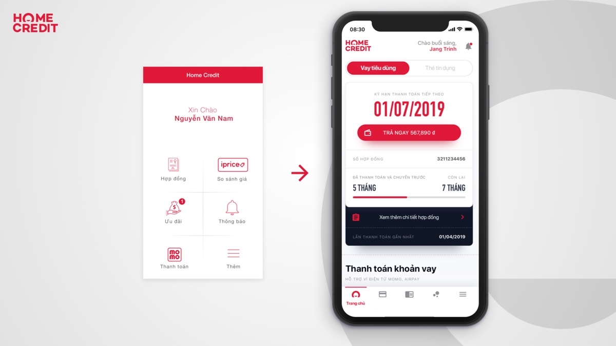 The account home screen, before the redesign, a plain menu grid, and after: a dashboard leading with the next payment due, the contract number and how much of the loan is already paid.