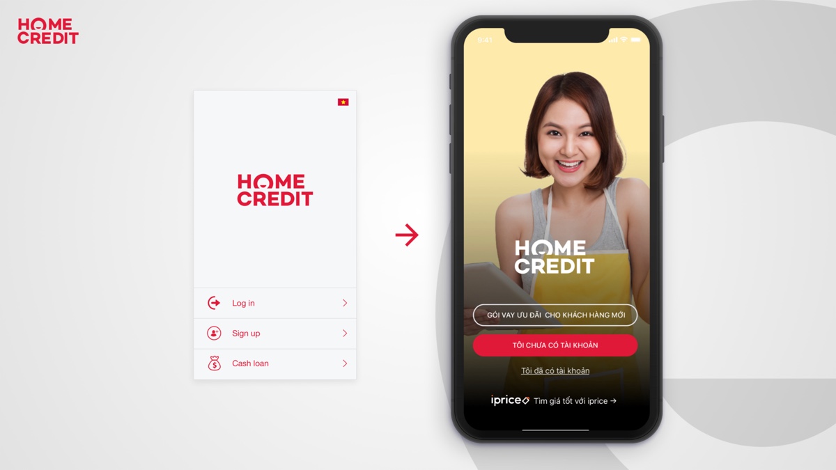 The home screen before the redesign, a plain list of Log in, Sign up and Cash loan, and after: a promotional visual leading with an offer instead of a menu.