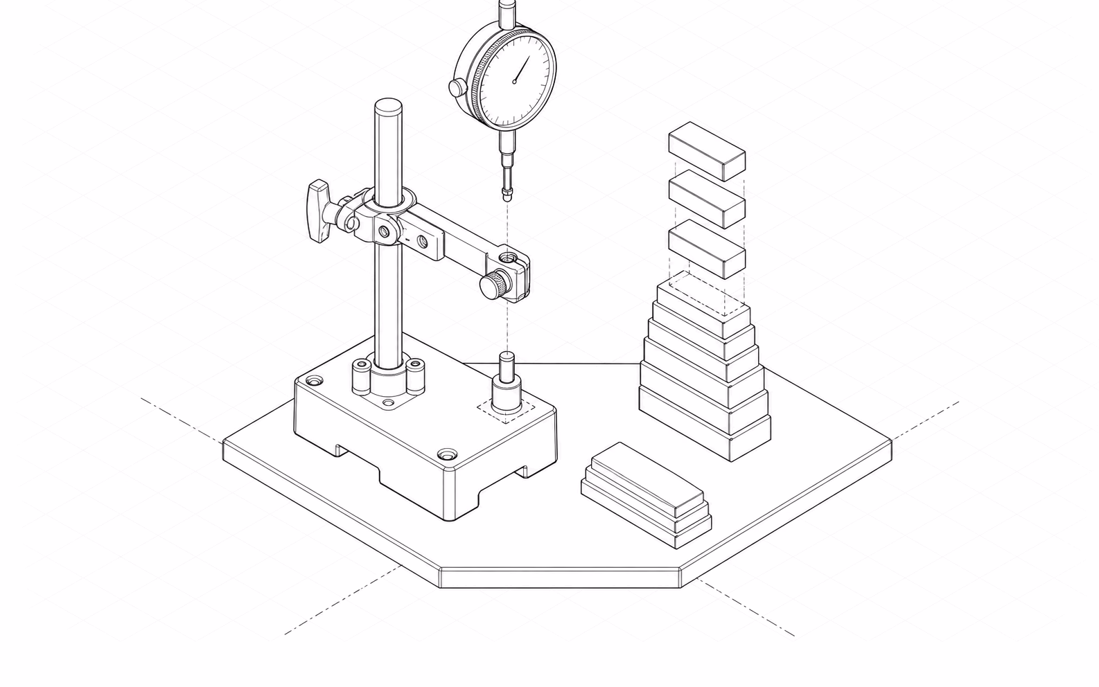 design:os: an exploded isometric diagram of the system, drawn in hairlines.