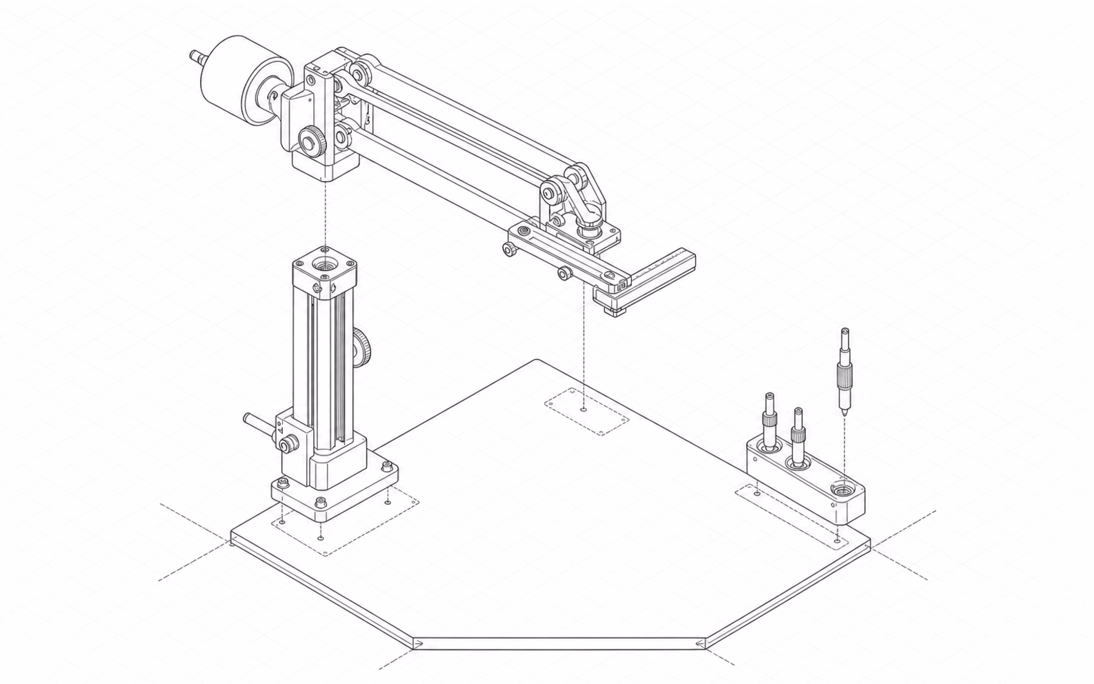 A parallel-motion drafting machine in hairline isometric, exploded into its jointed arm and scale head, its counterweighted column and a rack of interchangeable pen heads.