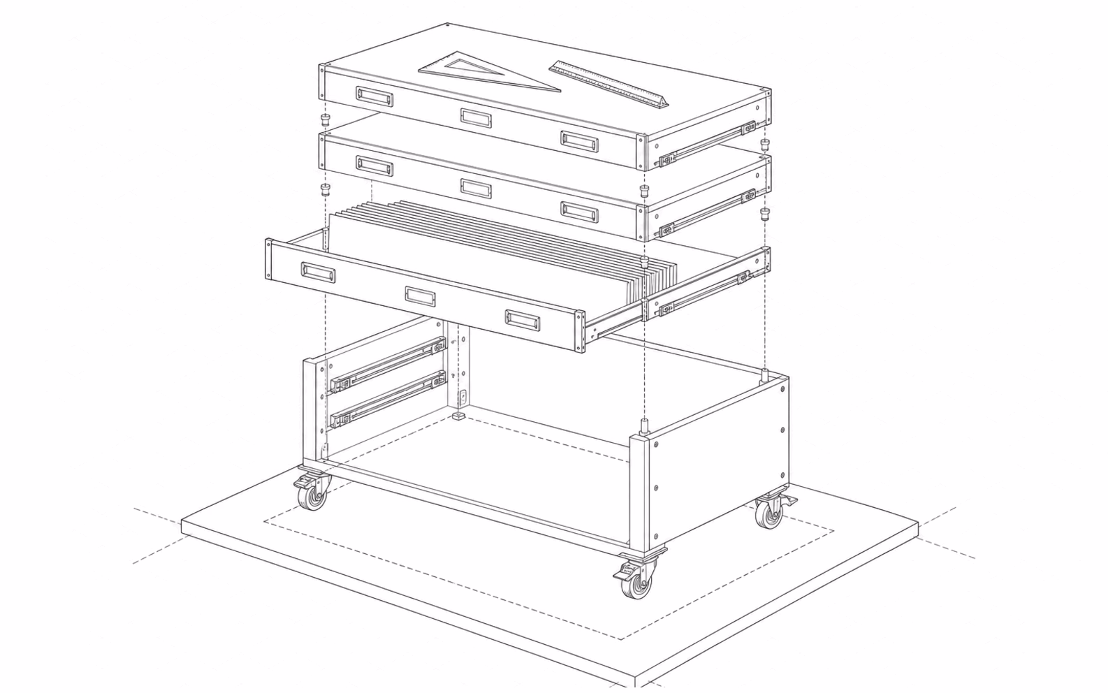 A rolling plan chest in hairline isometric, exploded into its top with a set square and scale rule, its drawer of drawings on edge, its carcass and its castors.